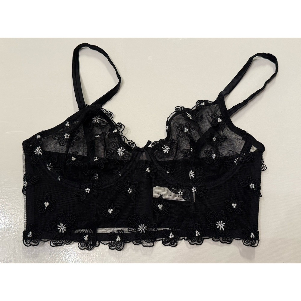 Fleur du mal black long line floral bra 34C zip back underwire